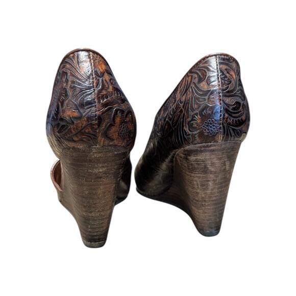Jeffrey Campbell Ibiza Tooled Leather Wedges Heels Slip On Brown Floral Embossed - Picture 4 of 7